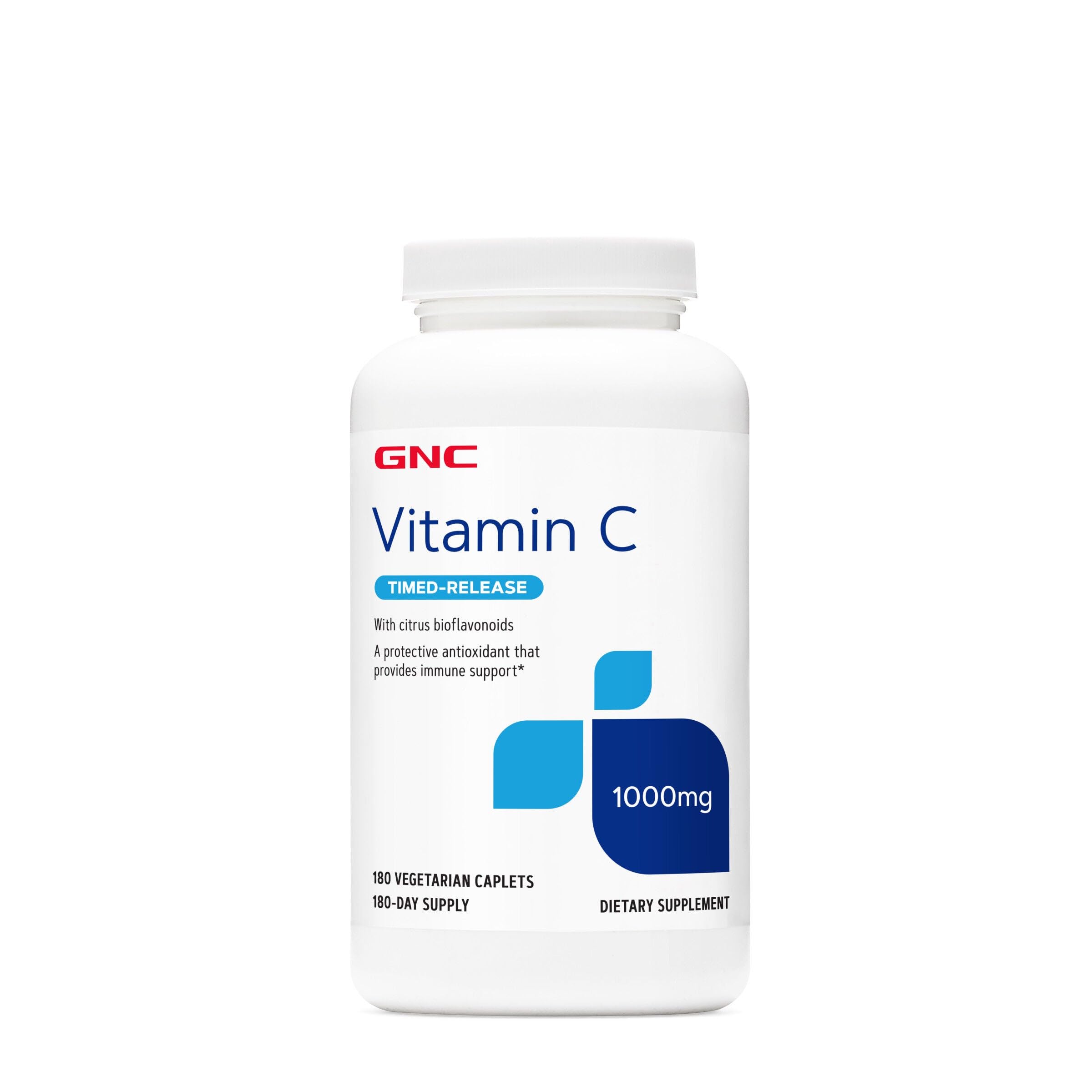 GNC Vitamin C 1000 mg bottle showing bioflavonoids and rose hips, timed-release formula