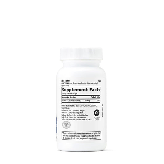 GNC Vitamin D3 50 mcg softgel bottle – back label view