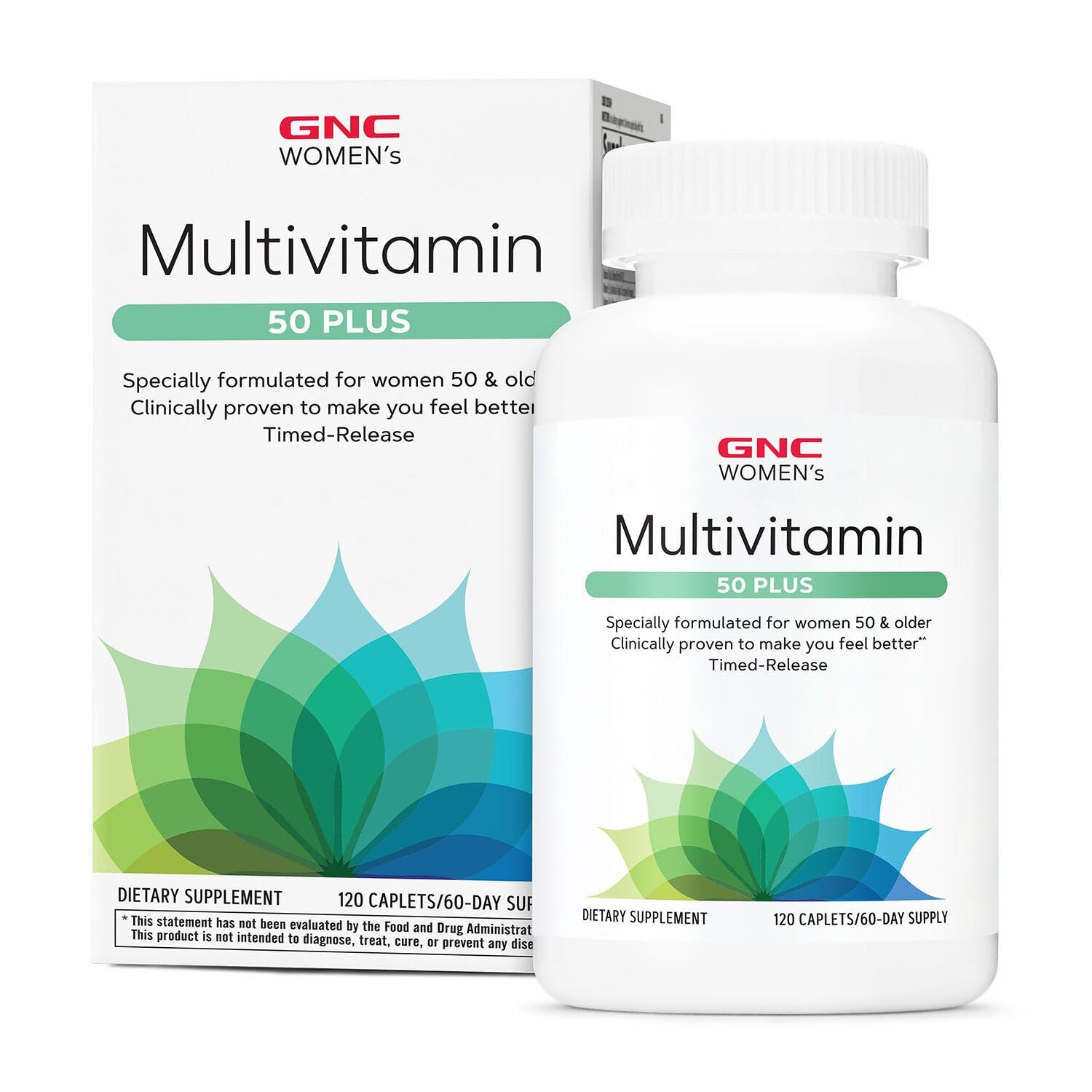 GNC Women's 50 Plus multivitamin bottle close-up showing labeling and immune support benefits