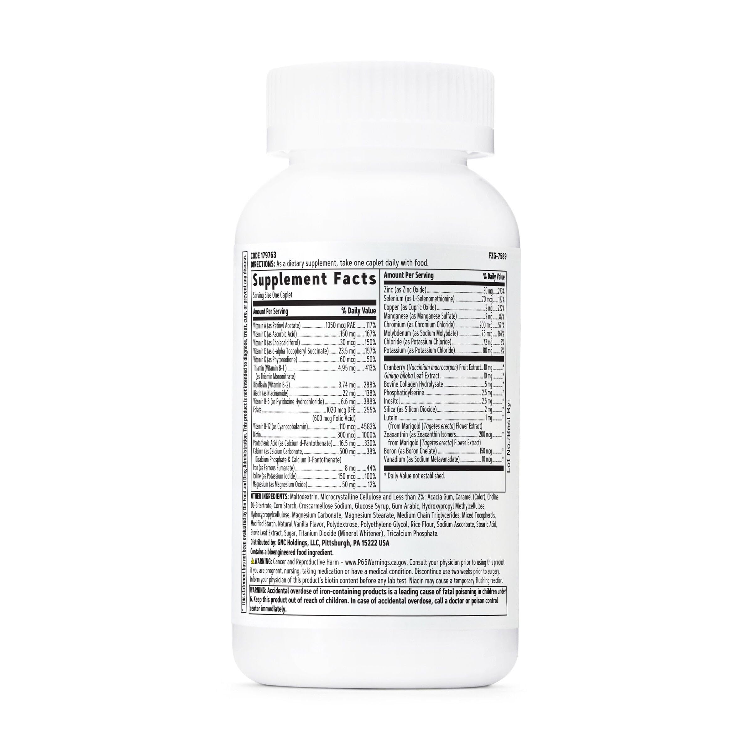 Close-up of GNC multivitamin label for women 50+