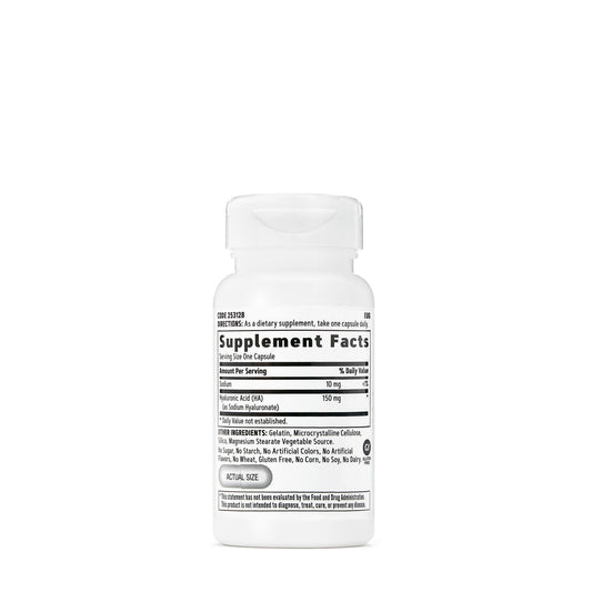 Close-up of Hyaluronic Acid capsules and bottle label