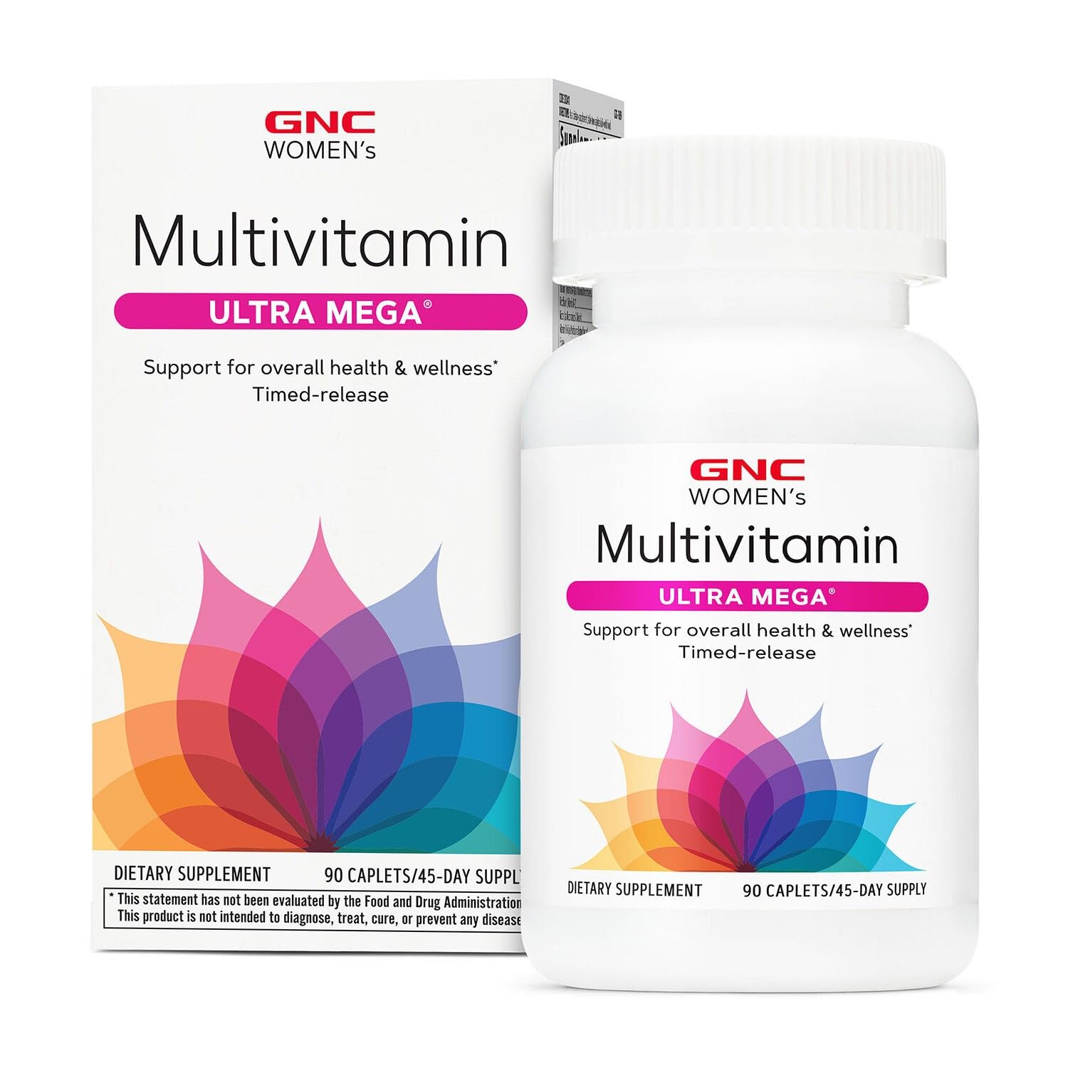 Front view of GNC Womens Ultra Mega Multivitamin Caplets bottle