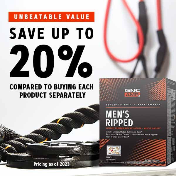 Full product shot of GNC AMP Men's Ripped Vitapak box and packs