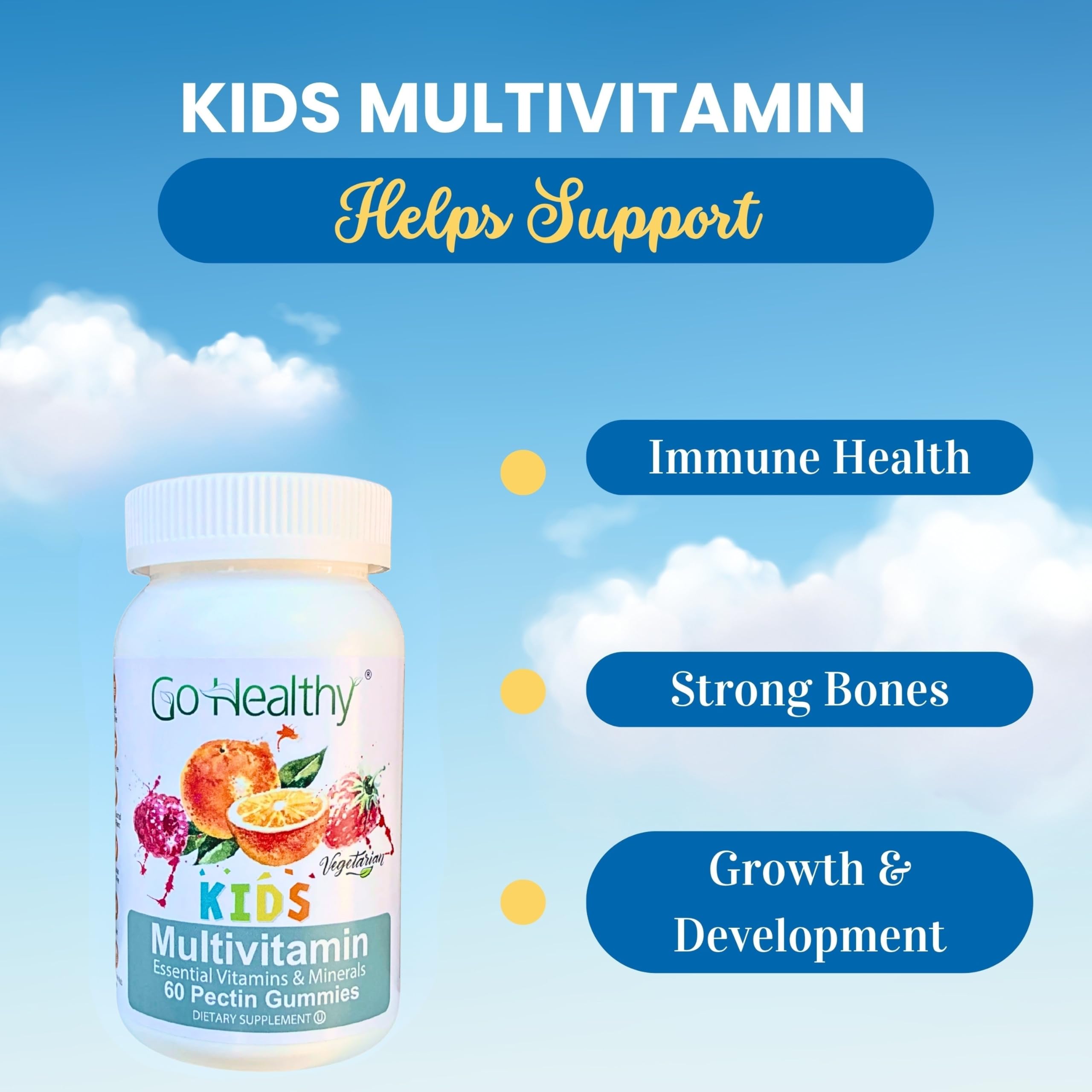 Vitamin A, C, D3, E and Zinc on Go Healthy Kids label