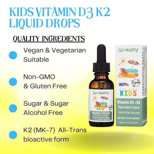 Close-up of bottle and dropper for Go Healthy Kids D3 K2