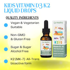 Close-up of bottle and dropper for Go Healthy Kids D3 K2
