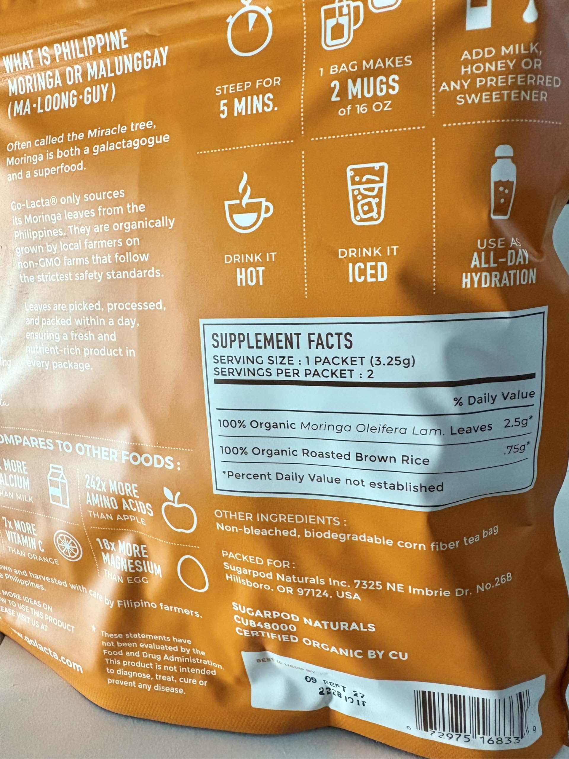 Go-Lacta Moringa Tea label with organic certifications