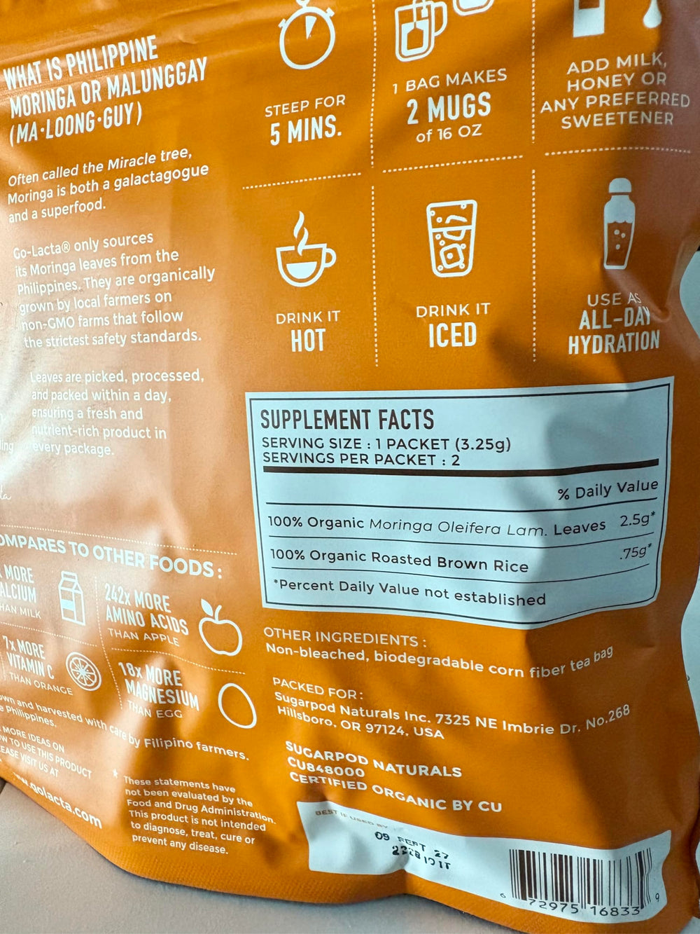 Go-Lacta Moringa Tea label with organic certifications