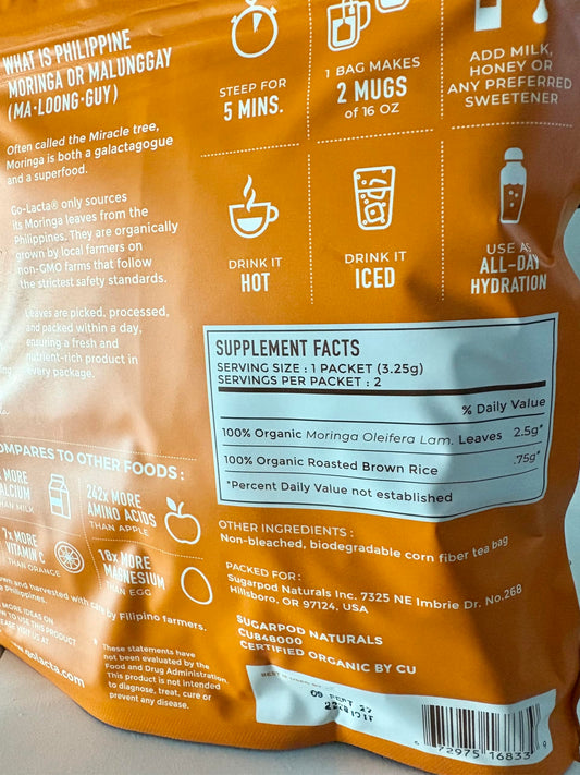 Go-Lacta Moringa Tea label with organic certifications