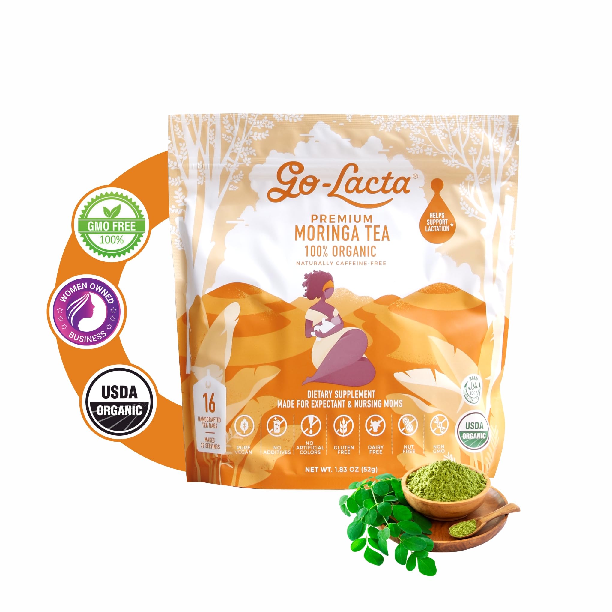 Product packaging for Go-Lacta Organic Moringa Tea