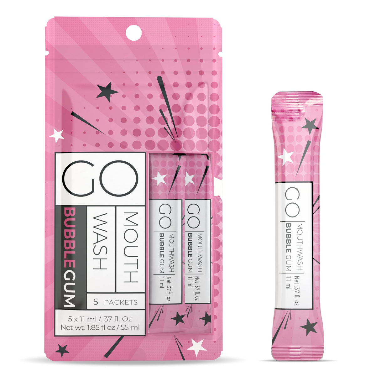 Front view of Go Mouthwash Bubblegum Packets