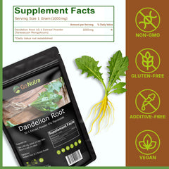 Non-GMO, vegan, gluten-free dandelion root powder label