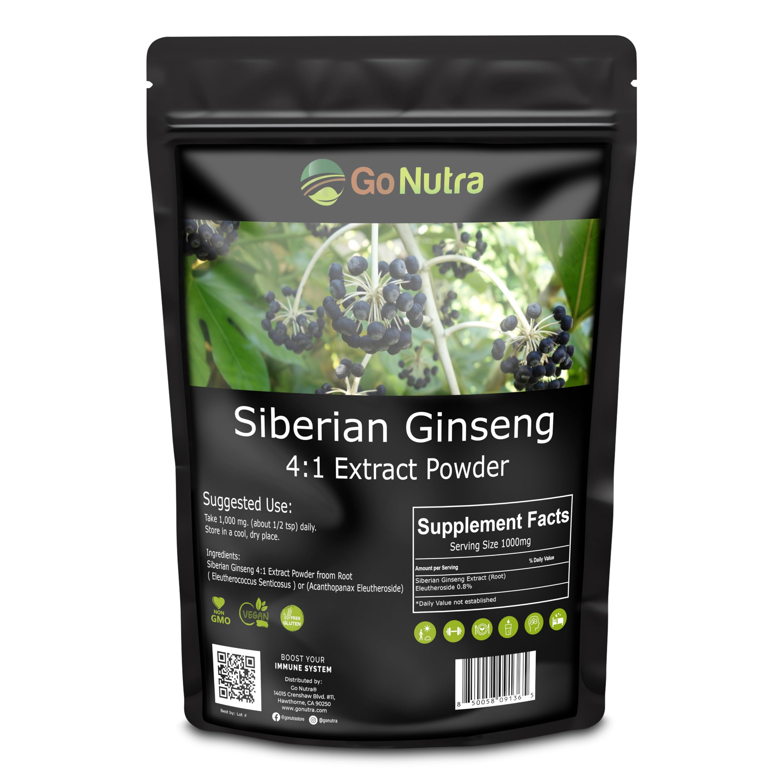 Go Nutra Siberian Ginseng Eleuthero Root Powder 4:1 Extract 4x Stronger