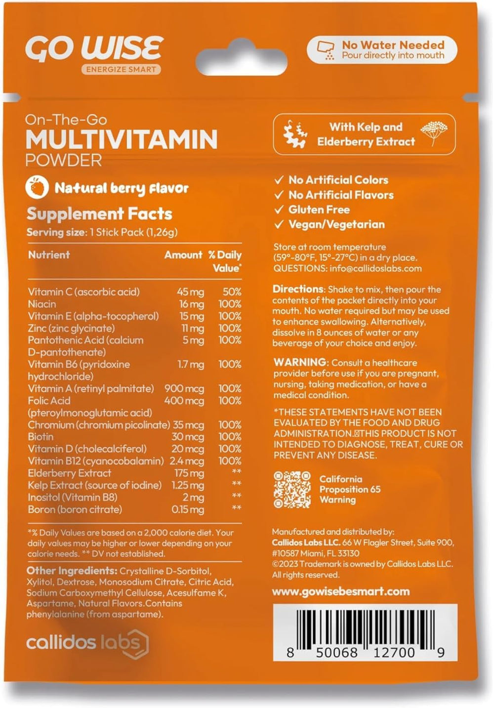 Berry flavor label shown on Go Wise multivitamin powder packaging