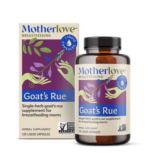 Front view of Motherlove Goat's Rue lactation supplement bottle with 120 liquid caps