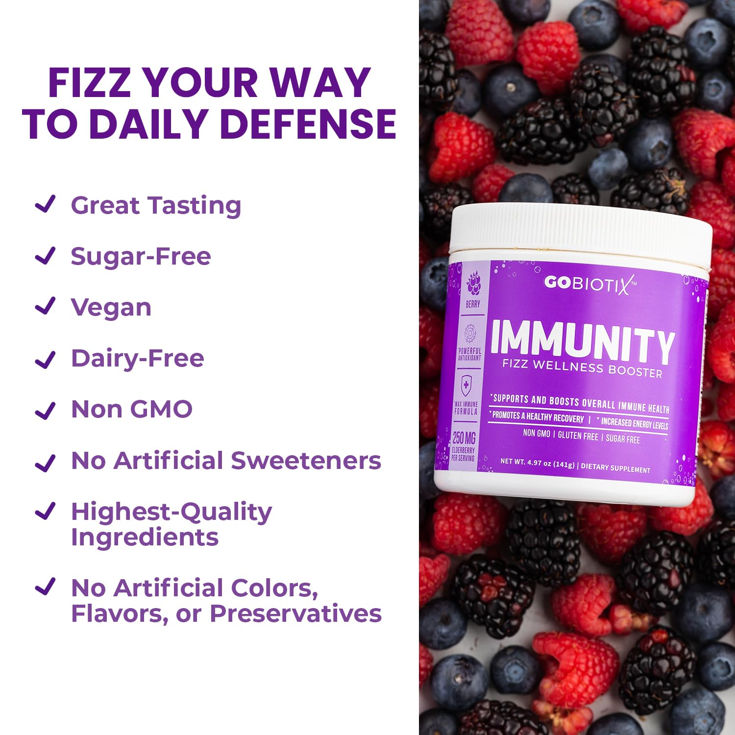 Non-GMO vegan immune support powder in glass with spoon