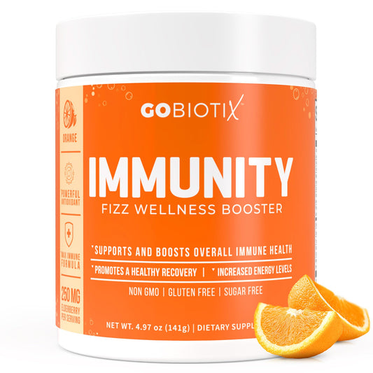 GoBiotix Vitamin C Immunity Powder – Orange flavor front view with scoop