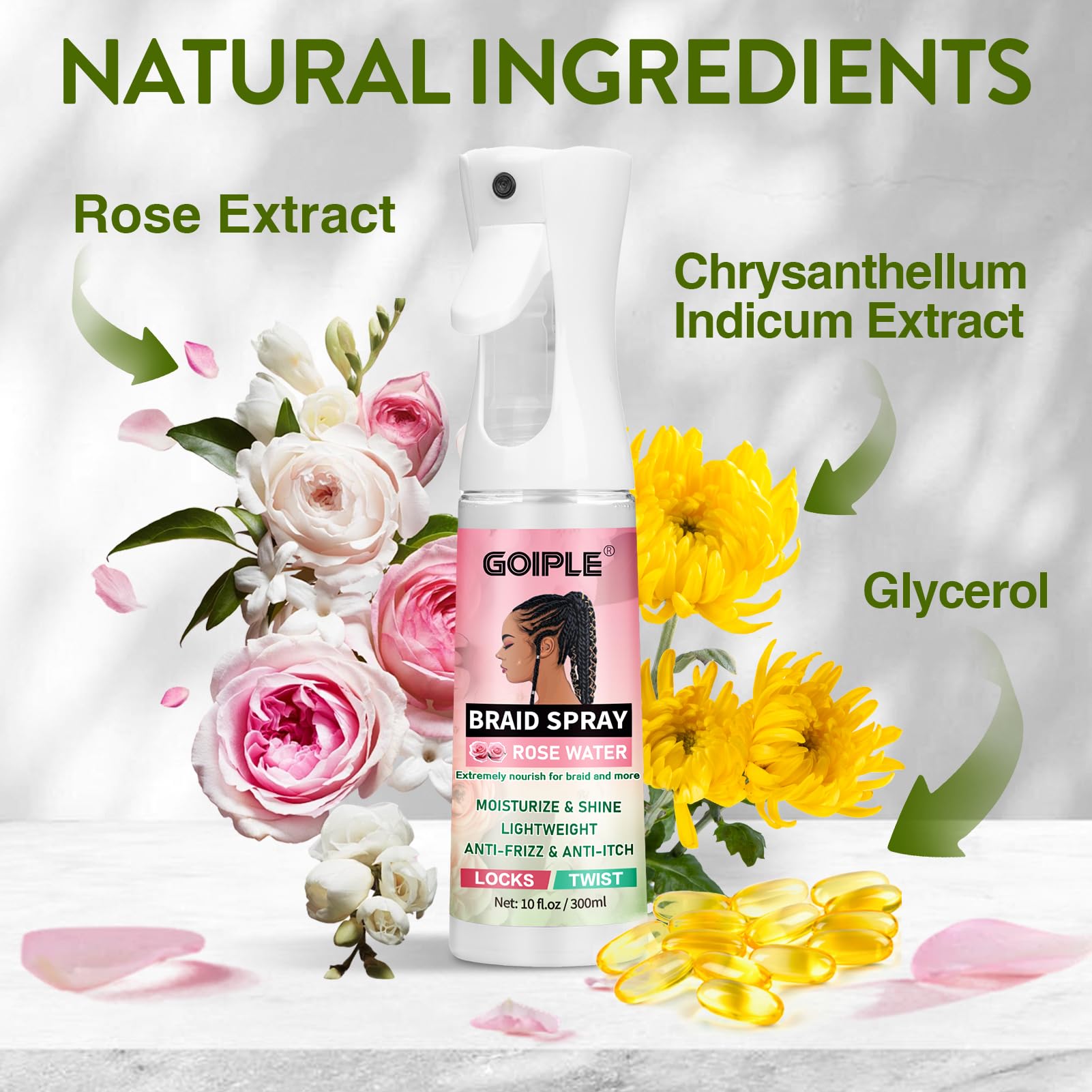 Goiple Rose Water Dreadlocks Spray nourishes scalp and adds light shine.