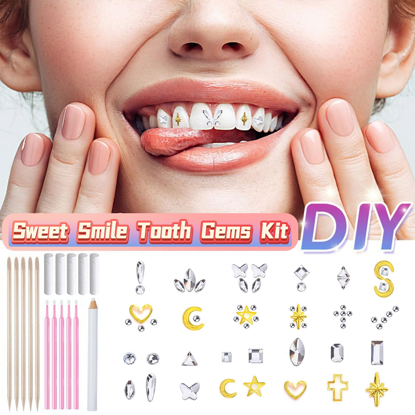 Gold crystal tooth gems close up