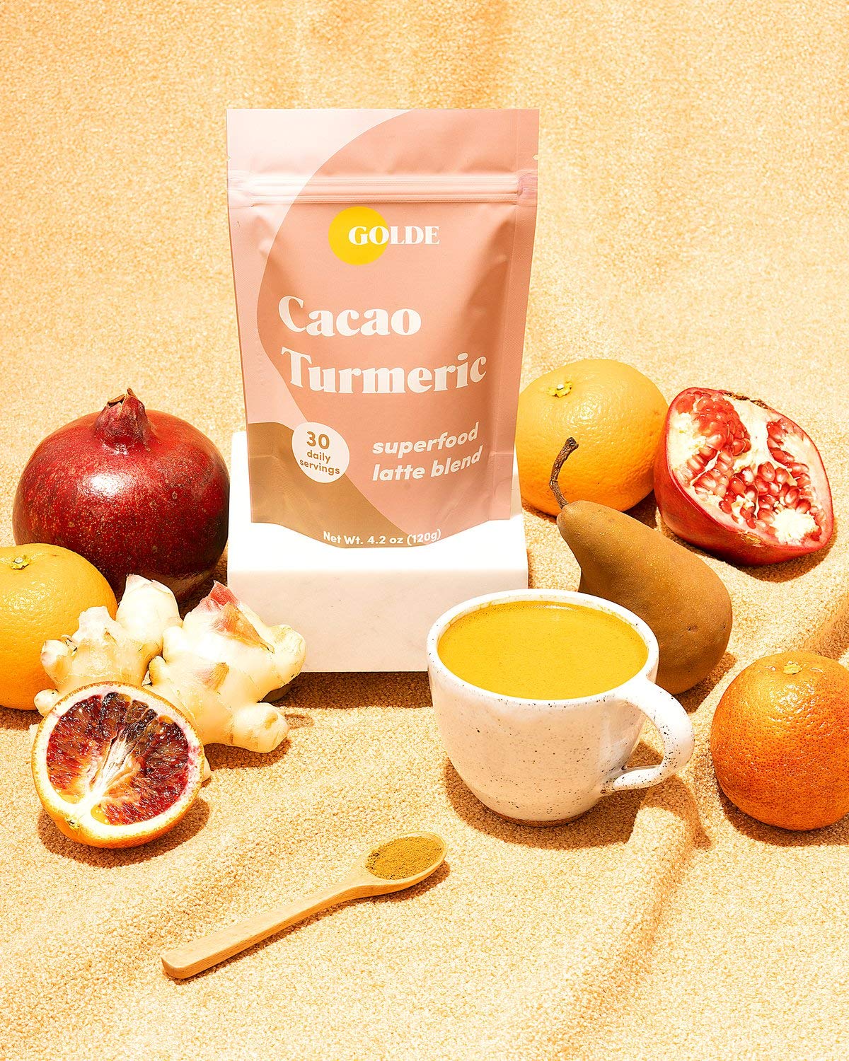 Close-up of turmeric and cacao ingredients in the blend