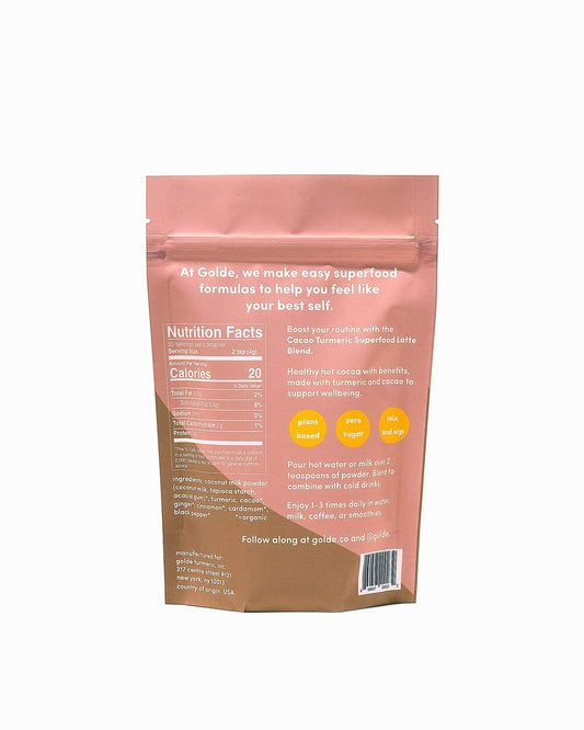 Close-up of the product label highlighting turmeric and cacao