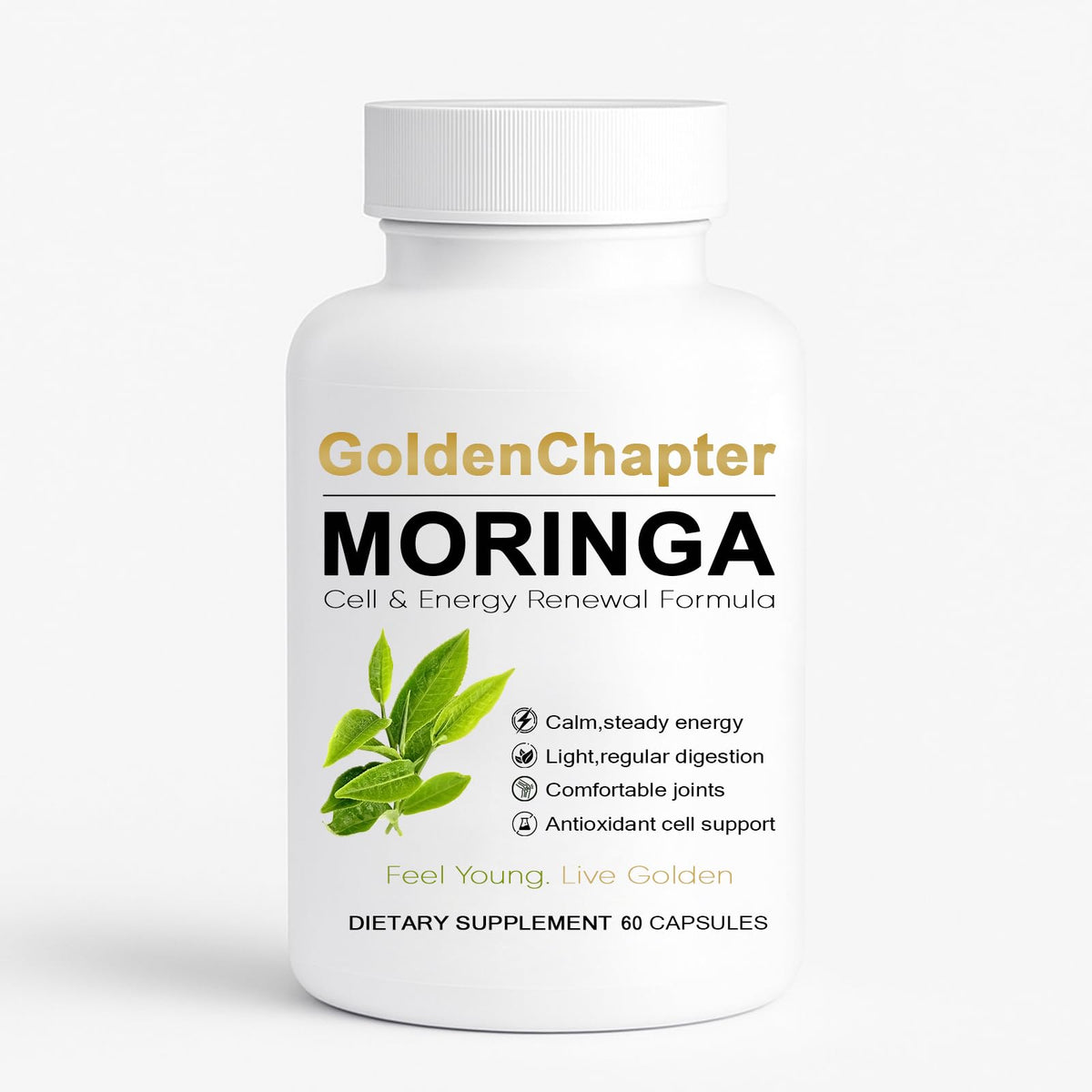 Golden Chapter Moringa Capsules bottle on white background