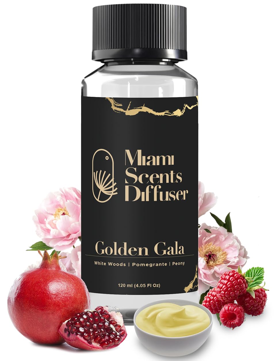 Golden Gala Scent bottle label featuring White Wood, Pomegranate and Peony notes