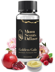 Golden Gala Scent bottle label featuring White Wood, Pomegranate and Peony notes