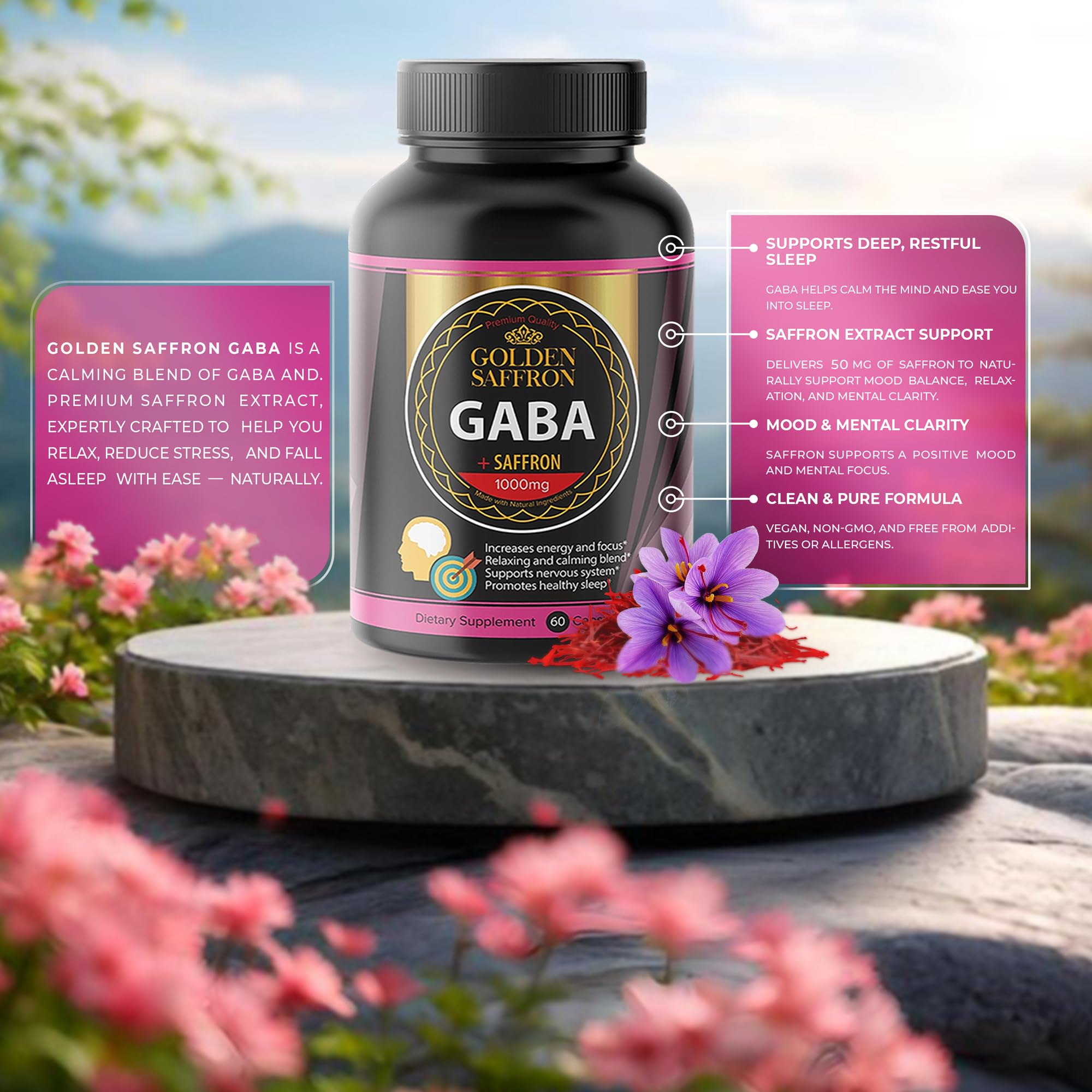 Back label of Golden Saffron GABA + Saffron capsule bottle with supplement facts