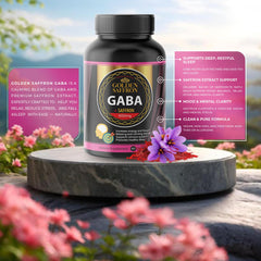 Back label of Golden Saffron GABA + Saffron capsule bottle with supplement facts