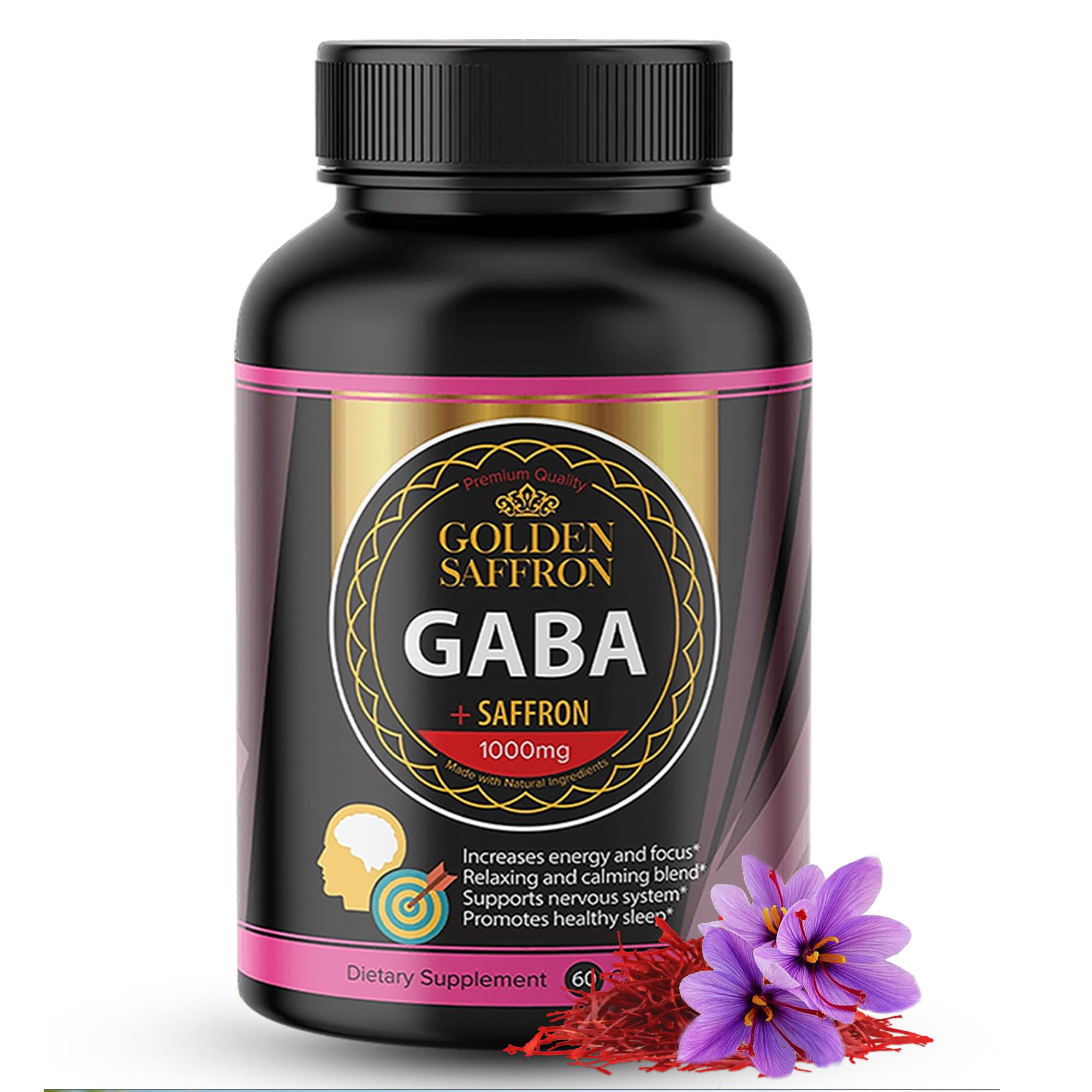Front view of Golden Saffron GABA + Saffron Capsule bottle