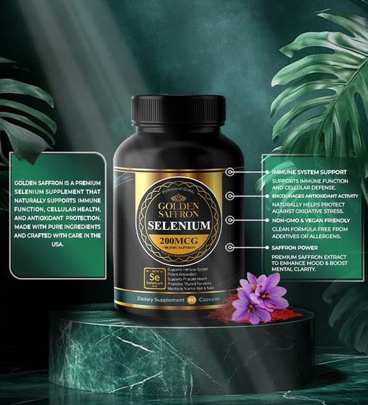 Close-up of Golden Saffron Selenium capsules