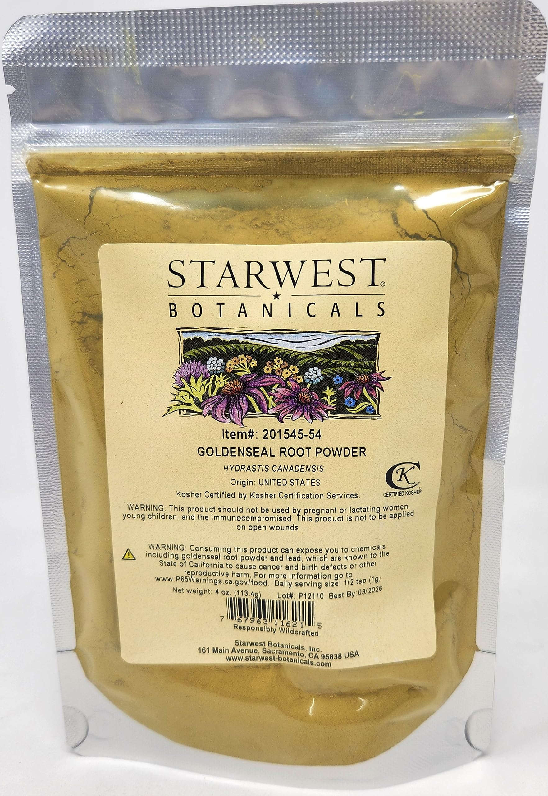 Goldenseal root powder wildcrafted in a glass jar
