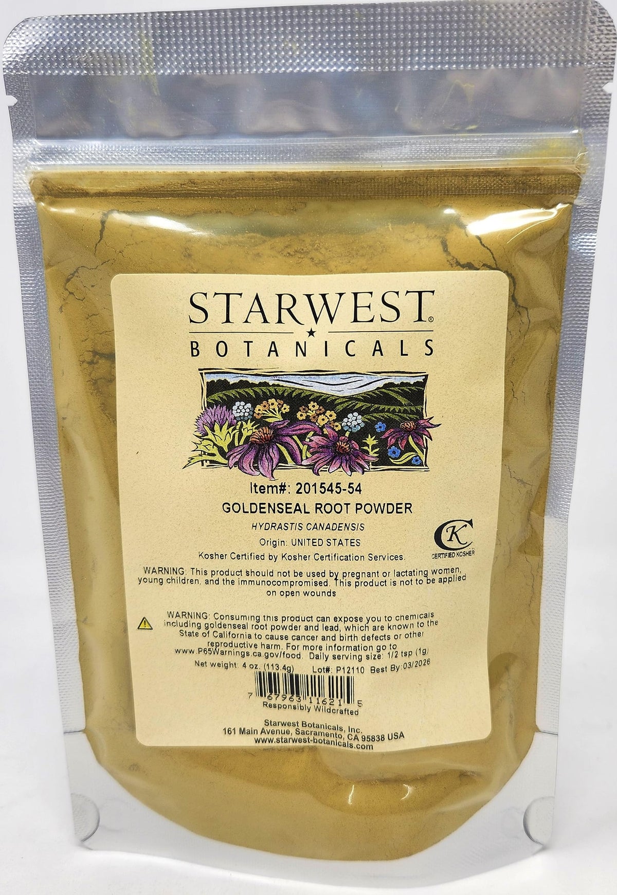 Goldenseal root powder wildcrafted in a glass jar