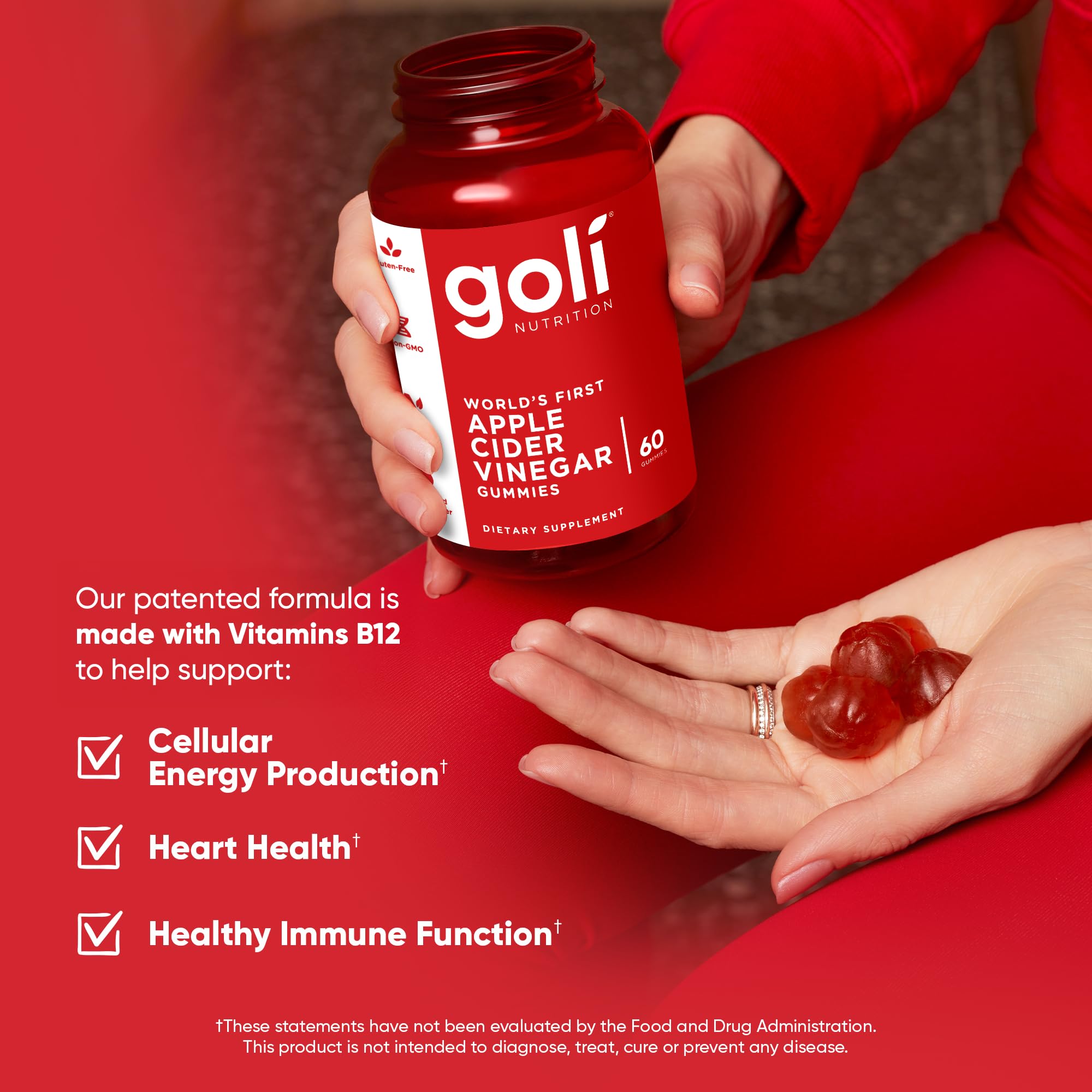 Goli open bottle displaying colorful gummies and easy daily servings benefit