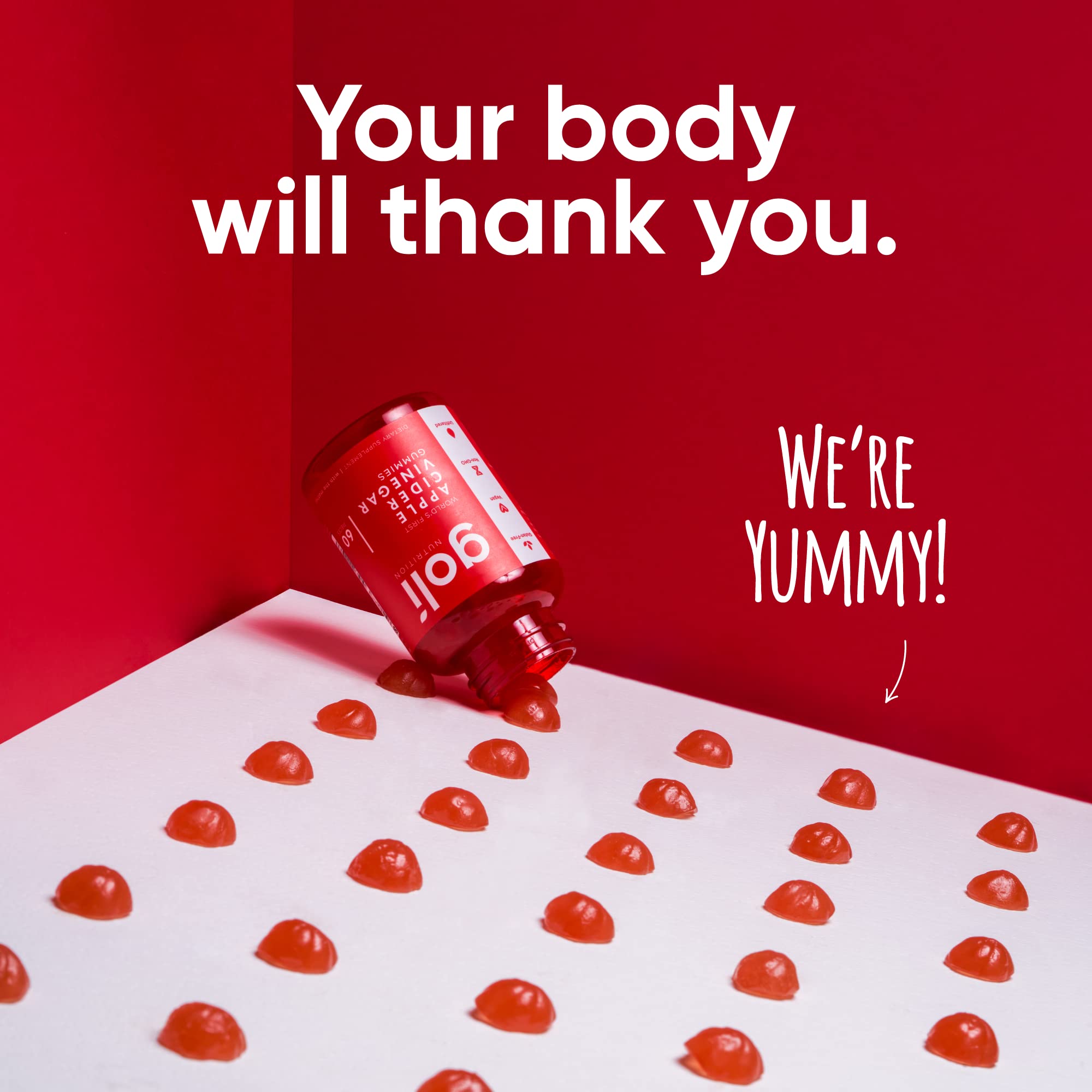 Gelatin-free gummies in bottle with bright label