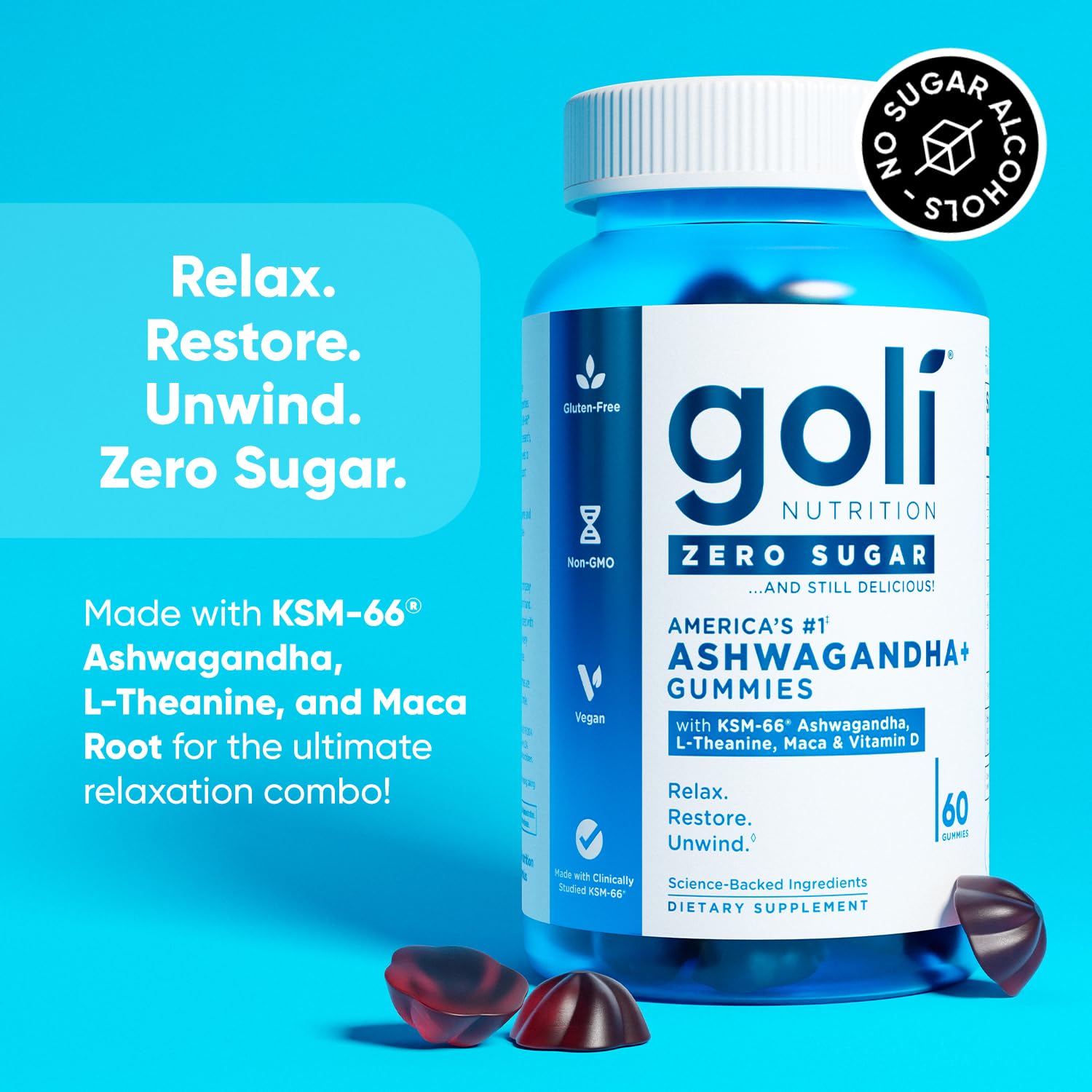 Goli Ashwagandha bottle packaging with vegan, non-GMO, gluten-free claims