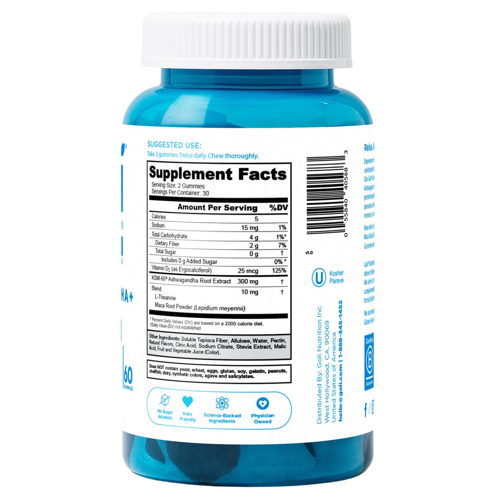 Back view of Goli Ashwagandha Gummies bottle showing nutrition panel