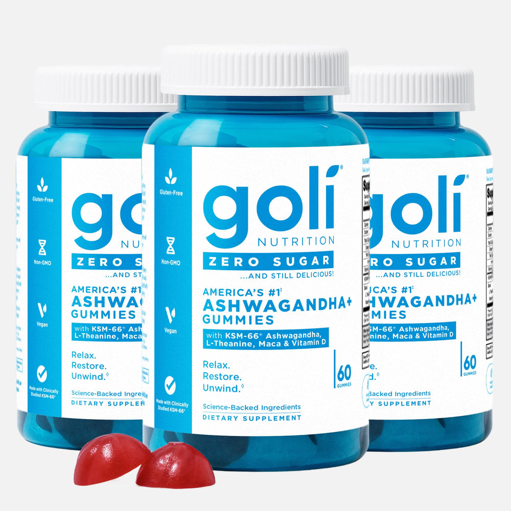 Bottle of Goli Zero Sugar Ashwagandha Gummies with mixed berry flavor