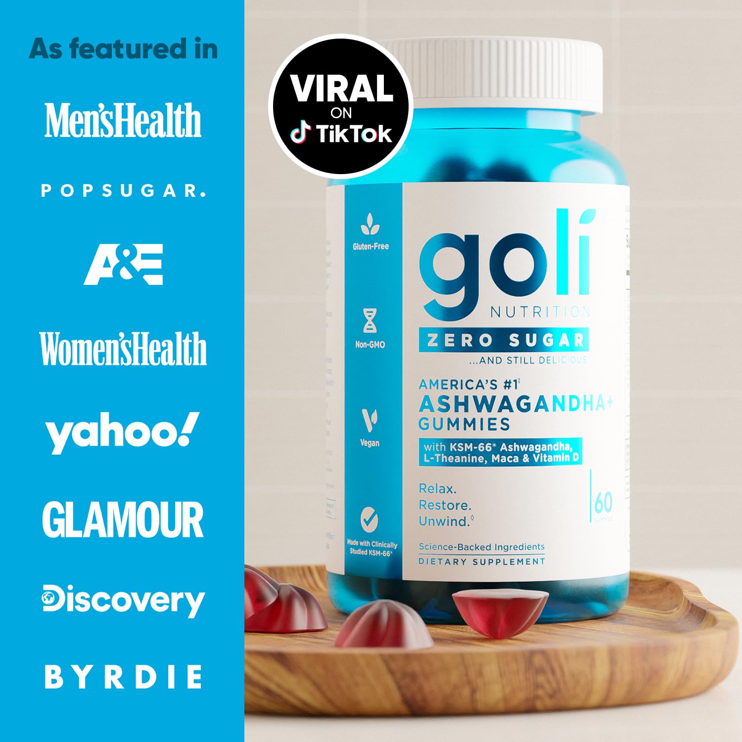 Goli Ashwagandha Gummies placed beside a glass to suggest daily routine.