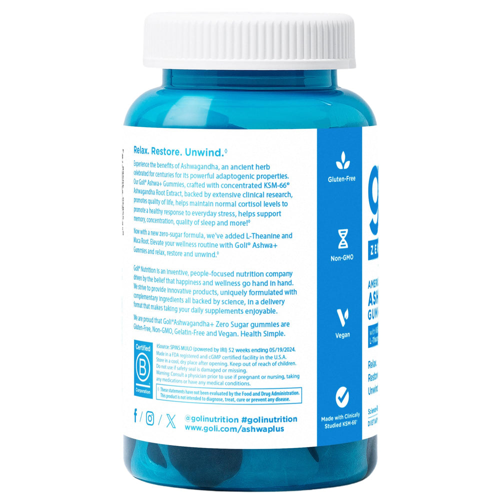 Goli Ashwagandha Gummies vegan, non-GMO, gelatin-free nutrition label.