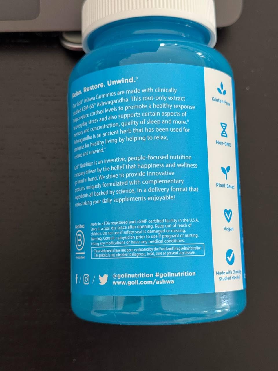 Close-up of Goli gummies featuring KSM-66 Ashwaganda ingredient.