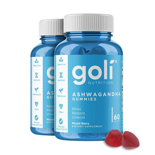 Two Goli Ashwagandha & Vitamin D Gummies bottles in a 120-count pack, Mixed Berry flavor.