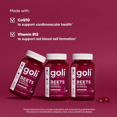 Nutrition details on Goli Beets Cardio Gummy bottle showing Vegan, Gluten-Free, Non-GMO