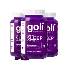 Goli Dreamy Sleep bottle front view; melatonin support for restful nights.