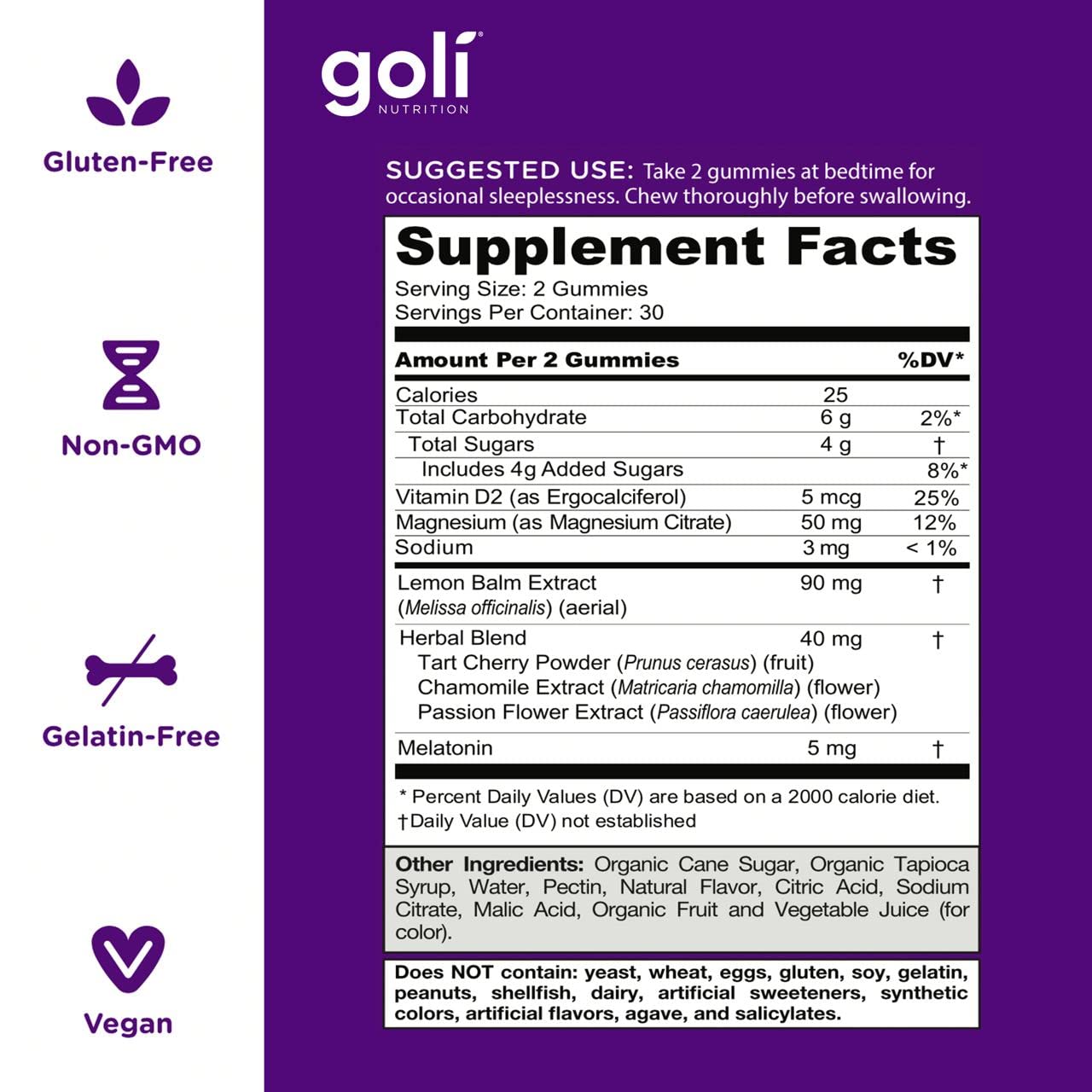 Goli Dreamy Sleep Gummies vegan, gelatin-free, gluten-free, non-GMO packaging