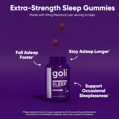 Close-up of Goli sleep gummies label highlighting vegan, gluten-free benefits