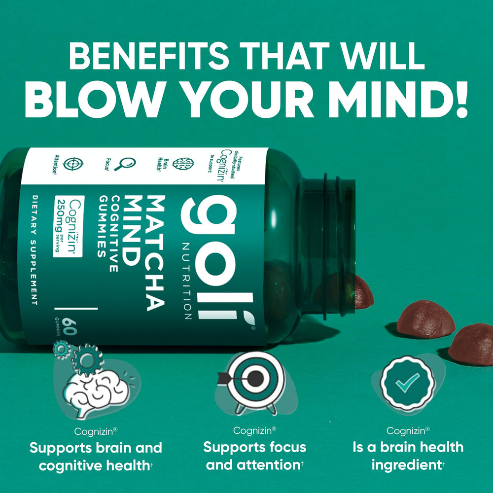 Goli Matcha Mind Gummies bottle back shows nutrition for brain health.