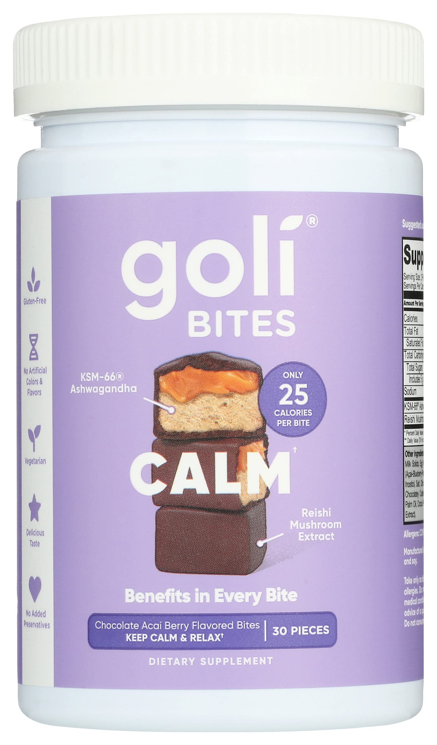 Goli Calm Ashwagandha Bites Chocolate Acai Berry flavor - caffeinated, vegetarian, gluten-free, 30 pieces per pack