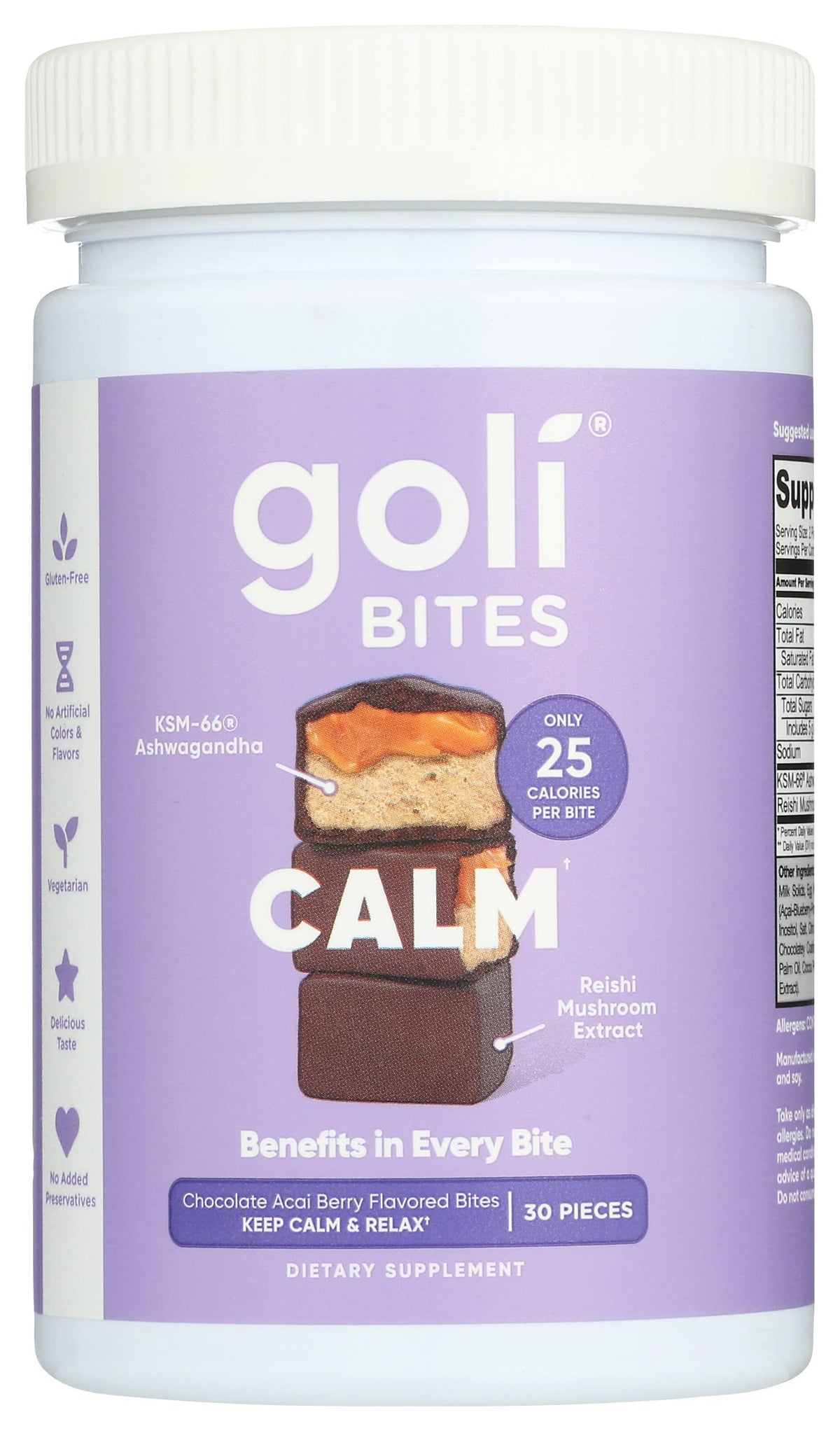 Goli Calm Ashwagandha Bites Chocolate Acai Berry flavor - caffeinated, vegetarian, gluten-free, 30 pieces per pack